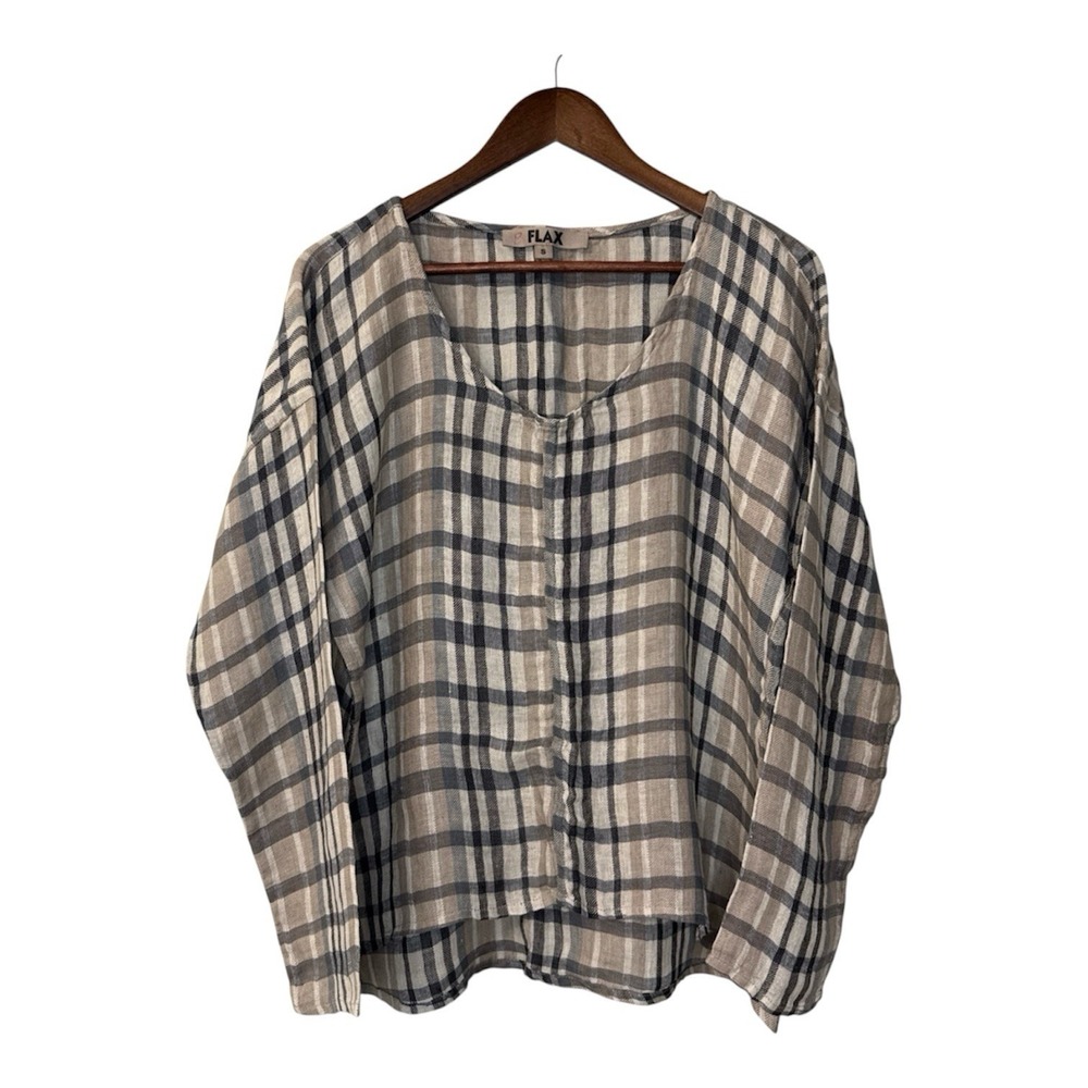 NEW Flax plaid linen blouse womens S 6-10 lagenlook cottagecore boho Fall Autumn